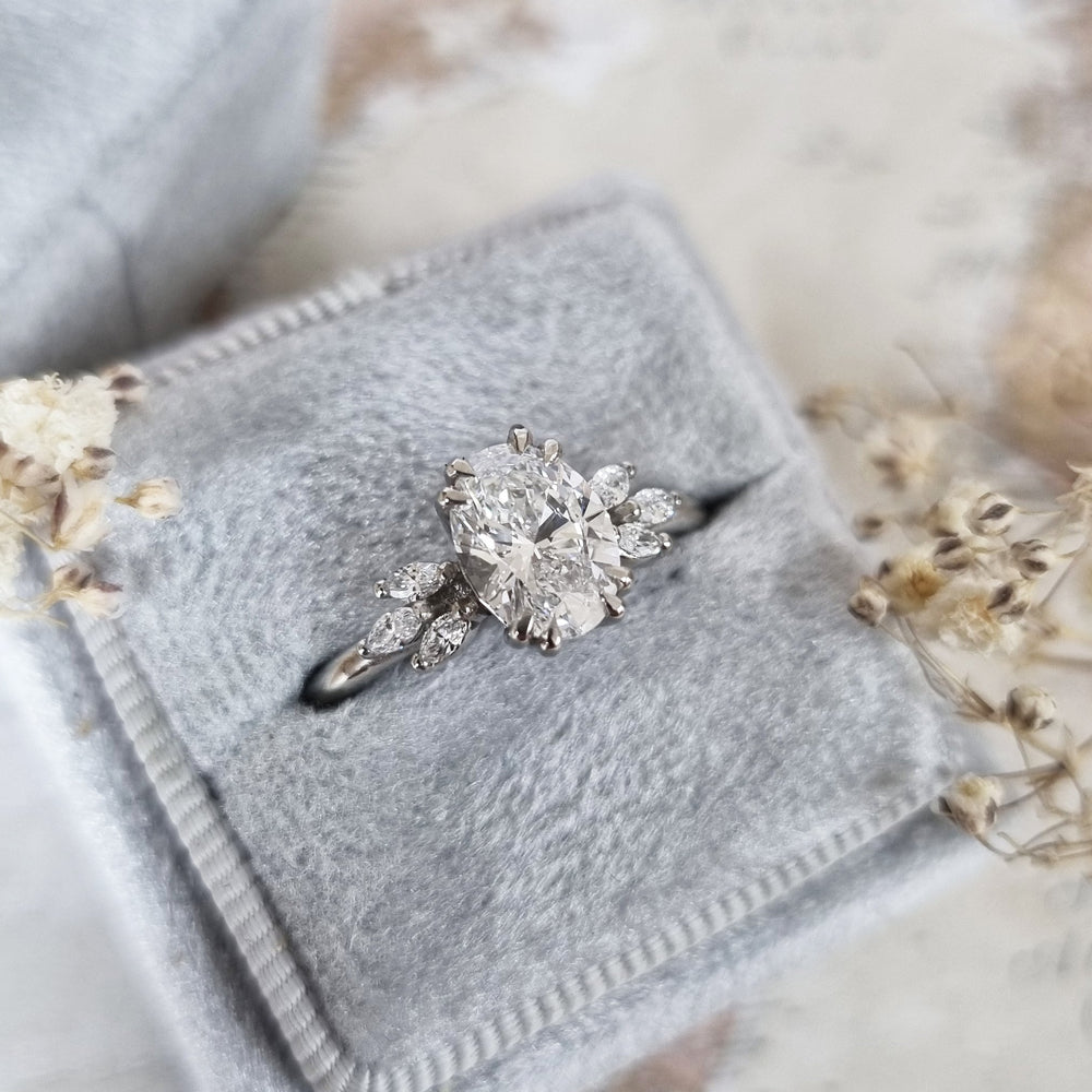 Oval art deco engagement ring with certified lab grown diamond