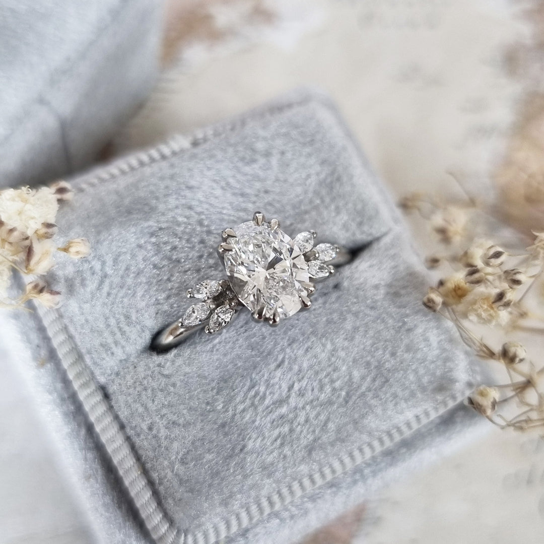 Oval art deco engagement ring with certified lab grown diamond