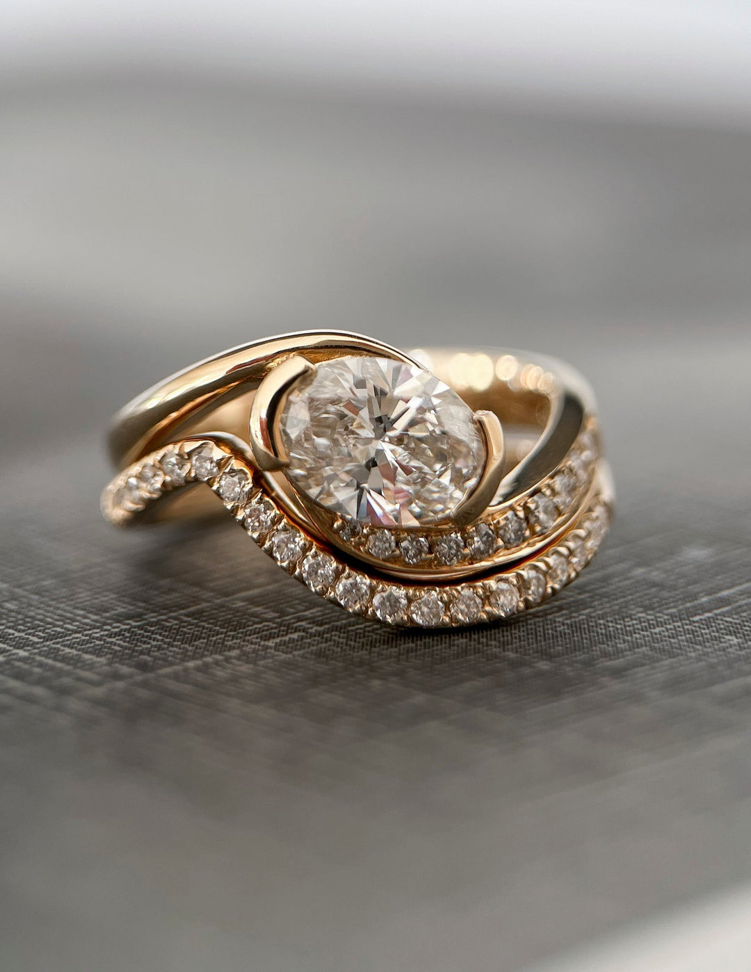 1.50CT East West Oval Bypass Half Bezel Lab Grown Diamond Ring Yellow Gold Pave Band