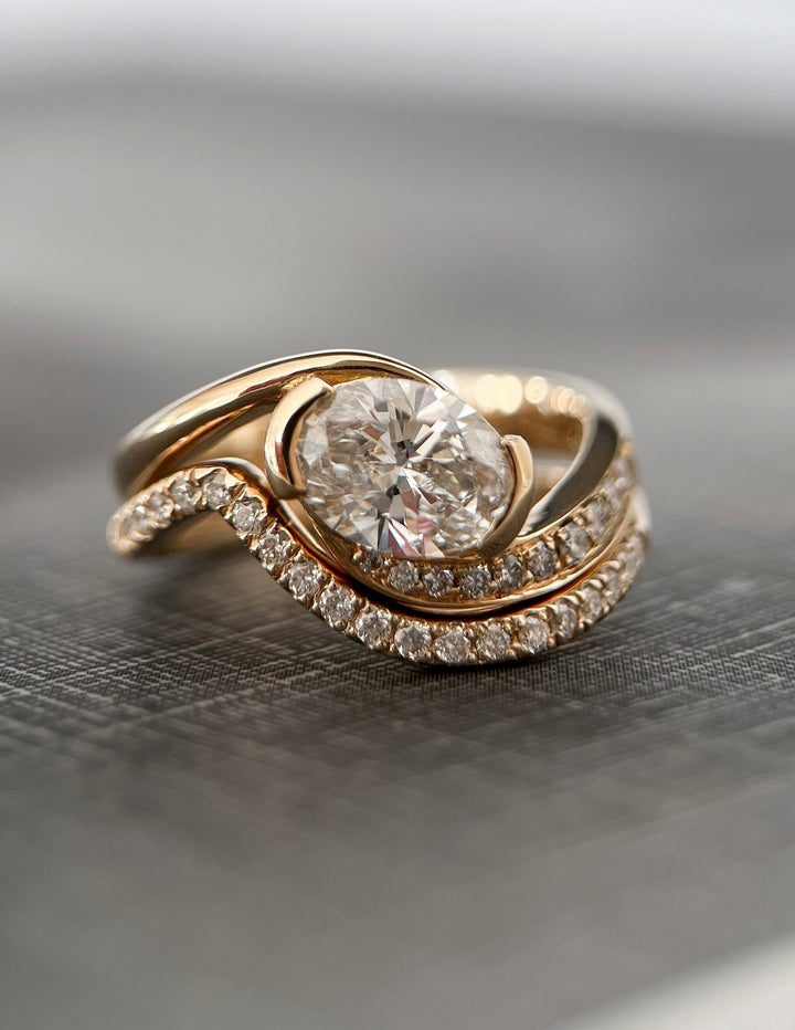 1.50CT East West Oval Bypass Half Bezel Lab Grown Diamond Ring Yellow Gold Pave Band