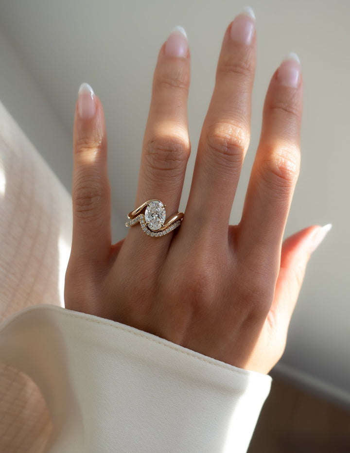 1.50CT Oval Lab Grown Diamond Bridal Set Yellow Gold Bypass Pave Bands