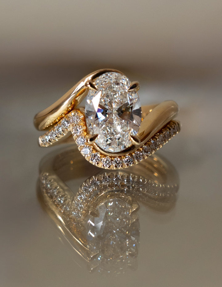 1.50CT Oval Lab Grown Diamond Bridal Set Yellow Gold Bypass Pave Bands