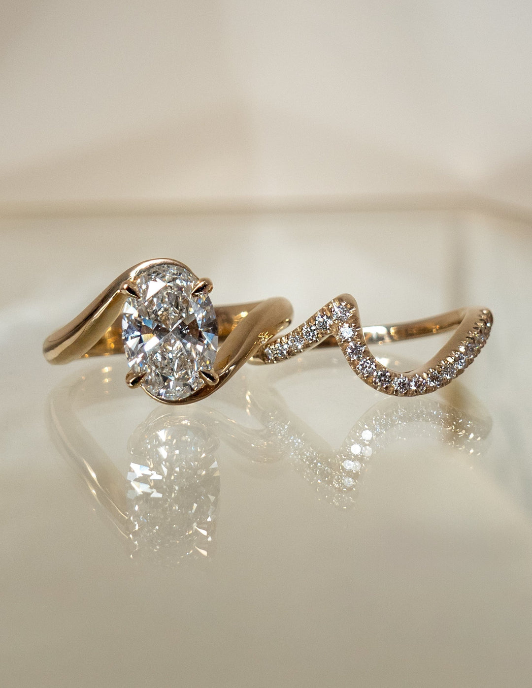 1.50CT Oval Lab Grown Diamond Bridal Set Yellow Gold Bypass Pave Bands