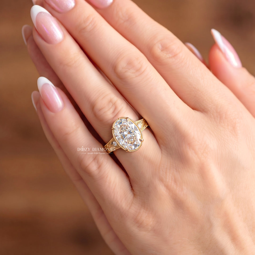 2.50CT Ova Vintage Nature Inspired E/VS1 Gold Engagement Ring with Leaf Detailing