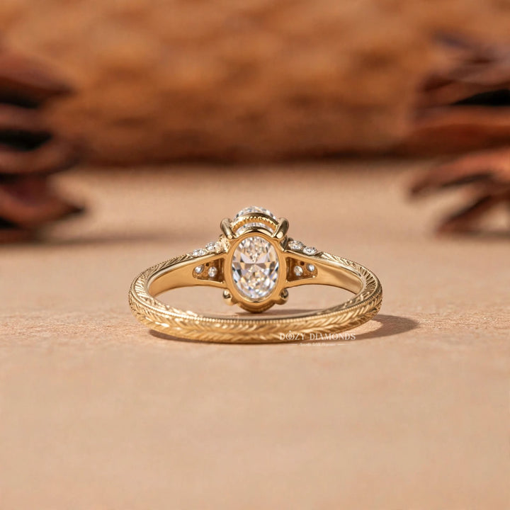 2.50CT Oval F/VS1 Lab Grown Engagement Ring with Cluster Accents, Engraved Gold Band