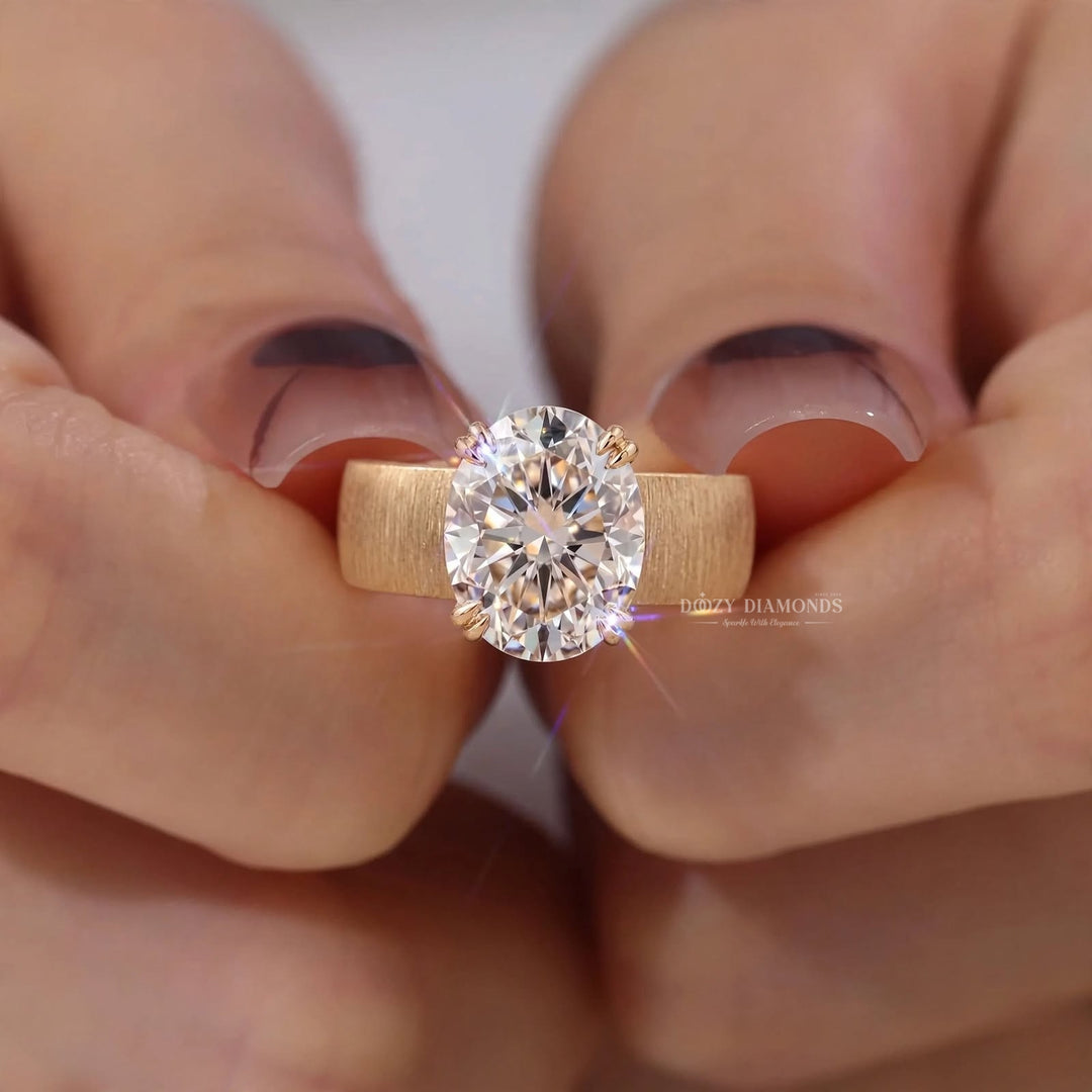 3.0CT Oval E/VS1 Lab Grown Solitaire Ring, Wide Brushed Gold Band