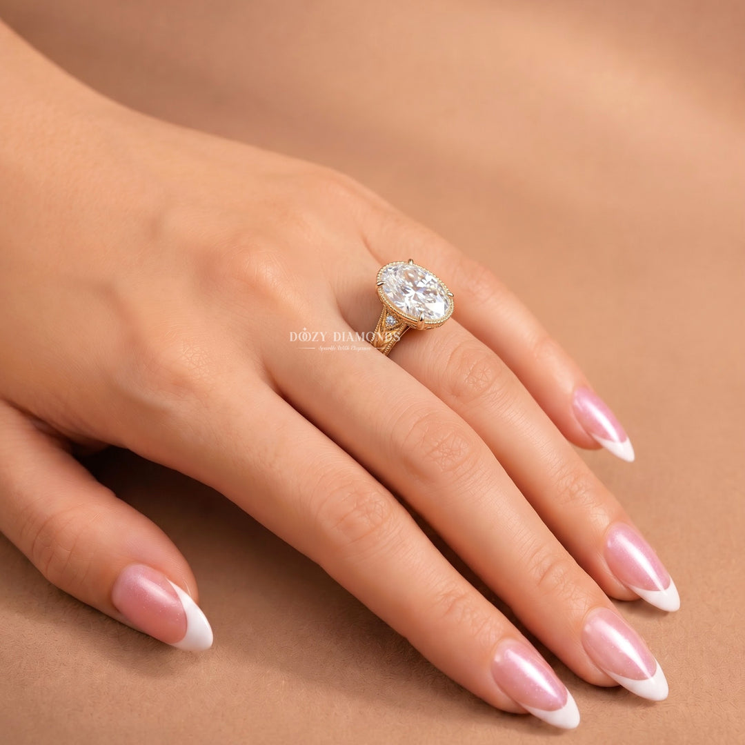 2.50CT Ova Vintage Nature Inspired E/VS1 Gold Engagement Ring with Leaf Detailing