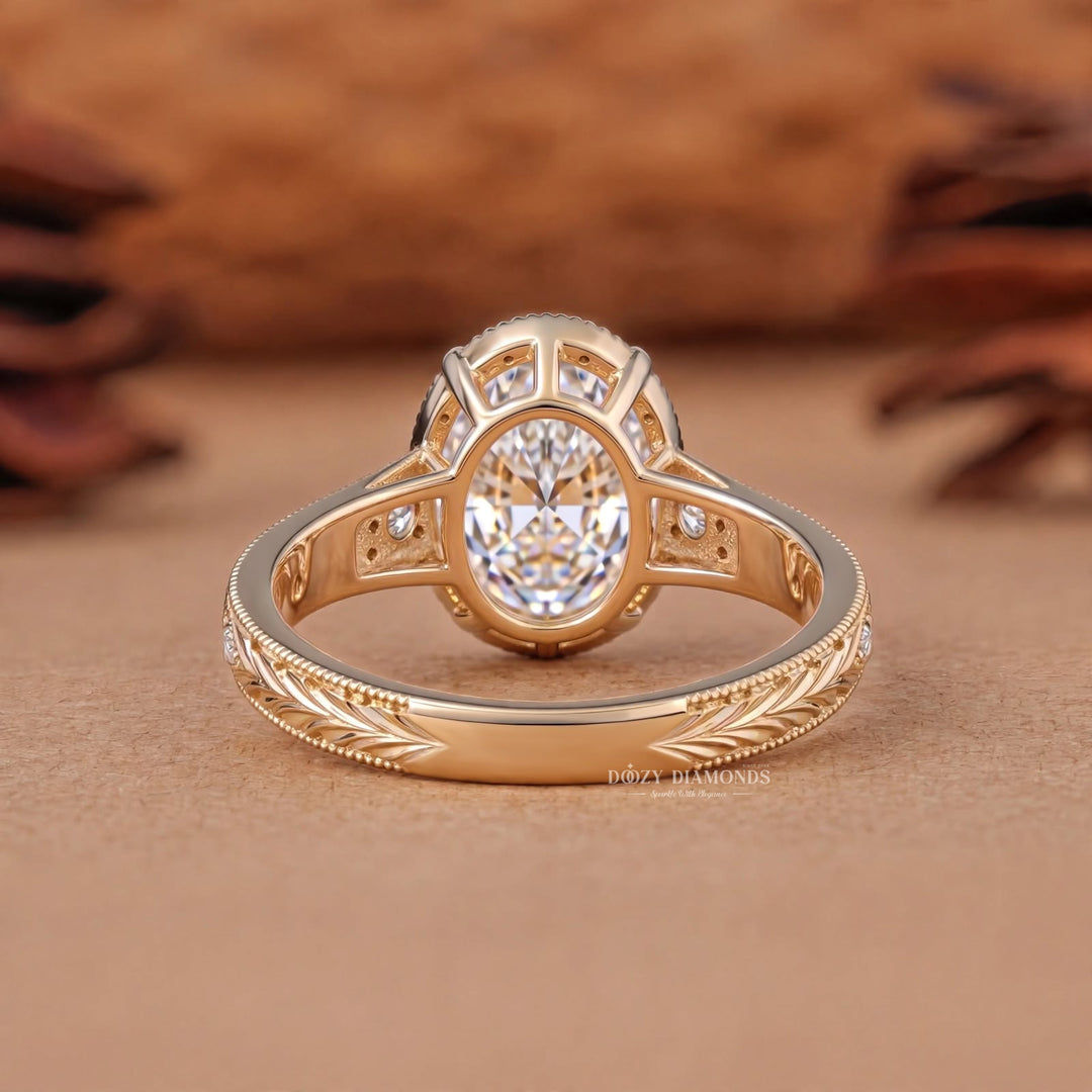 2.50CT Ova Vintage Nature Inspired E/VS1 Gold Engagement Ring with Leaf Detailing