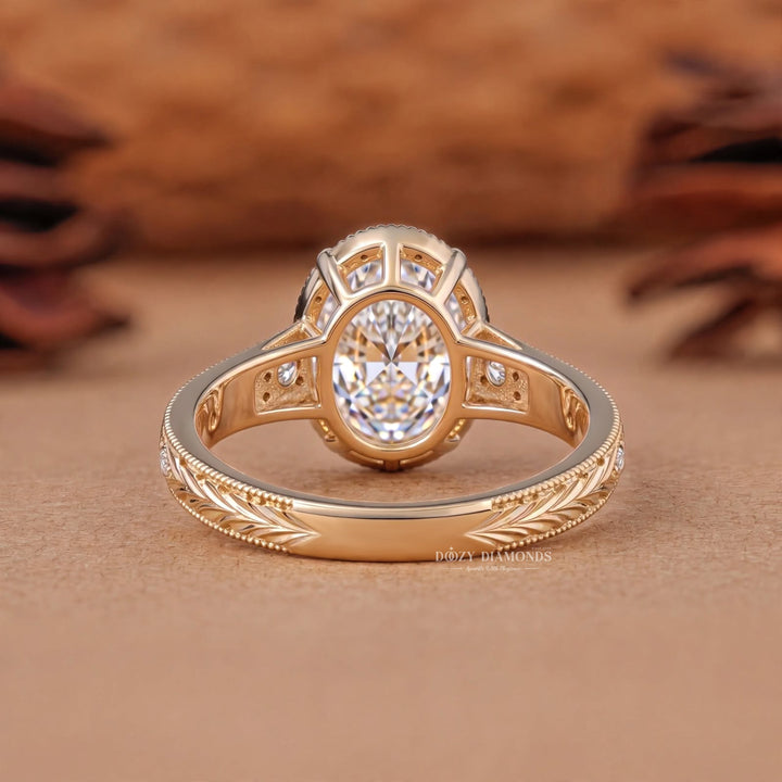 2.50CT Ova Vintage Nature Inspired E/VS1 Gold Engagement Ring with Leaf Detailing