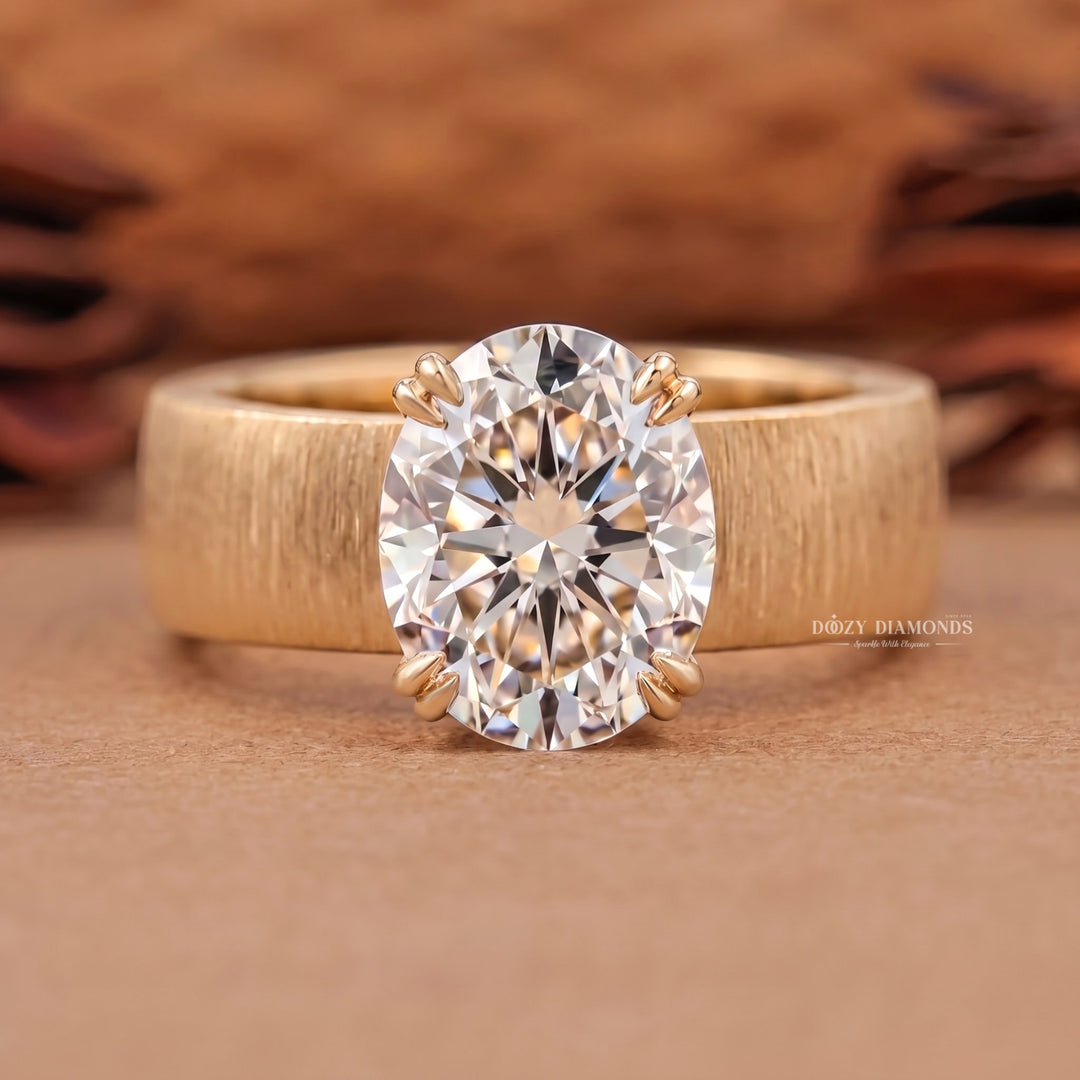 3.0CT Oval E/VS1 Lab Grown Solitaire Ring, Wide Brushed Gold Band