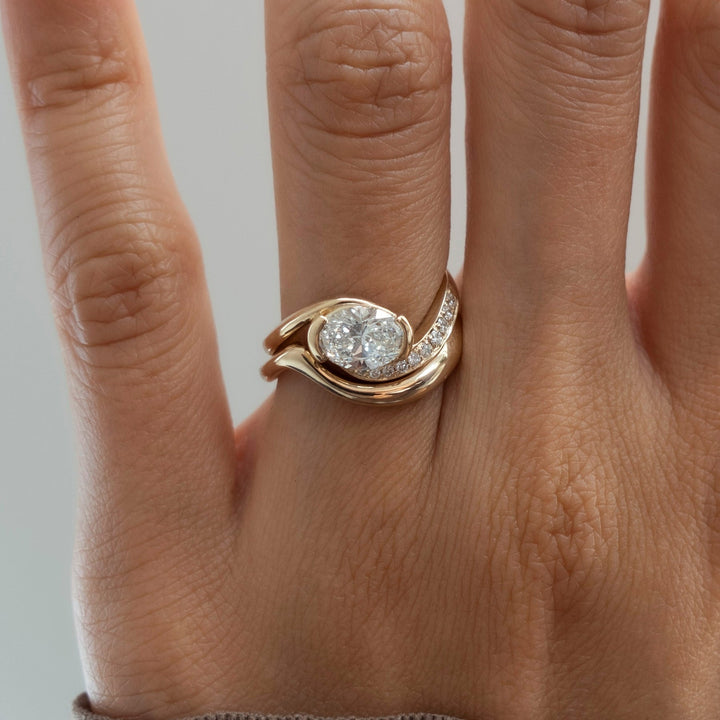 1.50CT East West Oval Pave Half Bezel Lab Grown Diamond Ring Yellow Gold Swirl Band