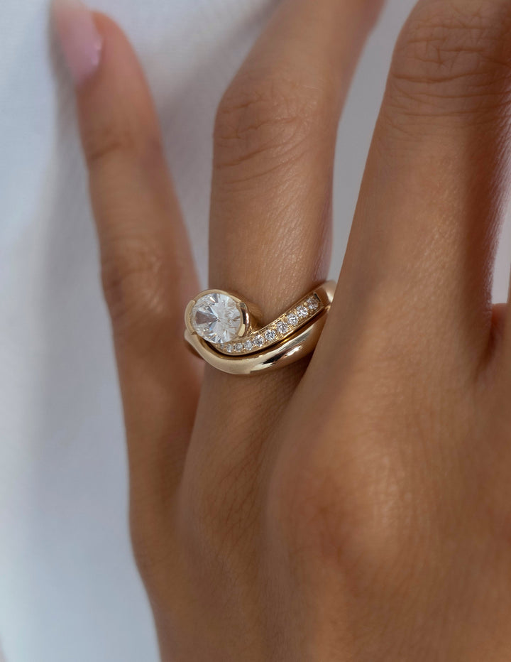 1.50CT East West Oval Pave Half Bezel Lab Grown Diamond Ring Yellow Gold Swirl Band