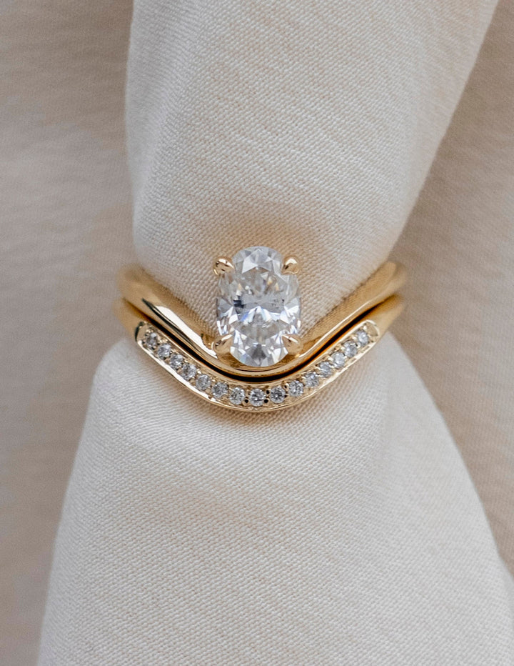1.0CT Oval Solitaire Lab Grown Diamond Ring Yellow Gold Curved Wave Pave Band