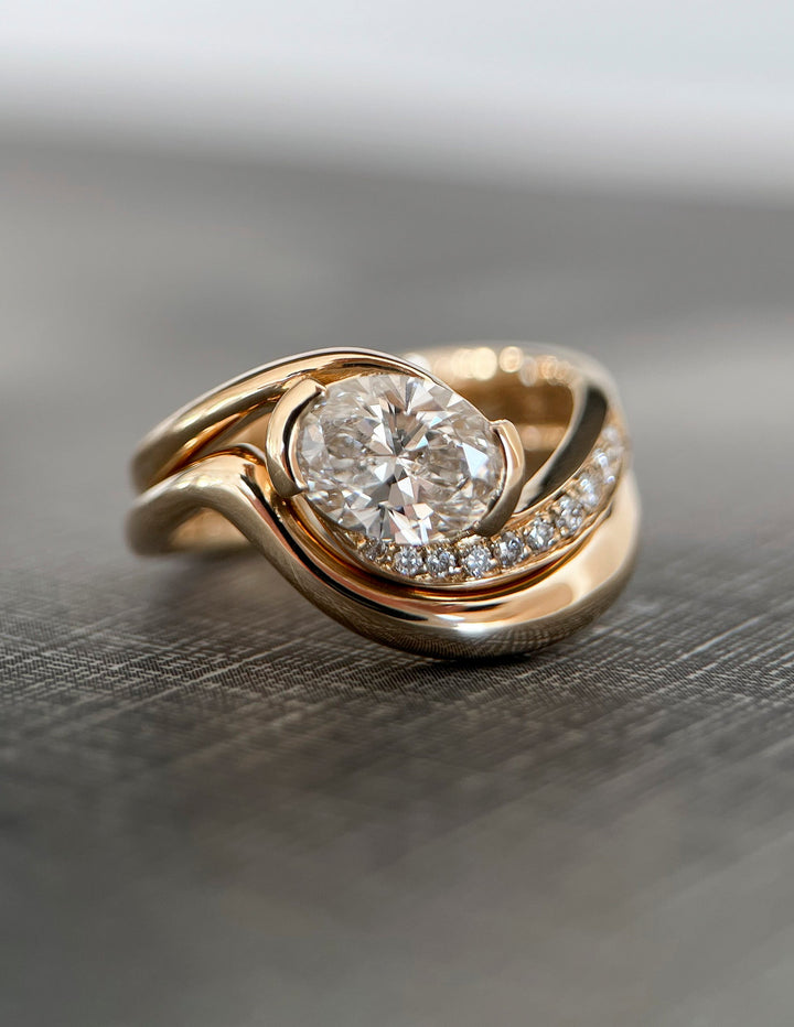 1.50CT East West Oval Pave Half Bezel Lab Grown Diamond Ring Yellow Gold Swirl Band