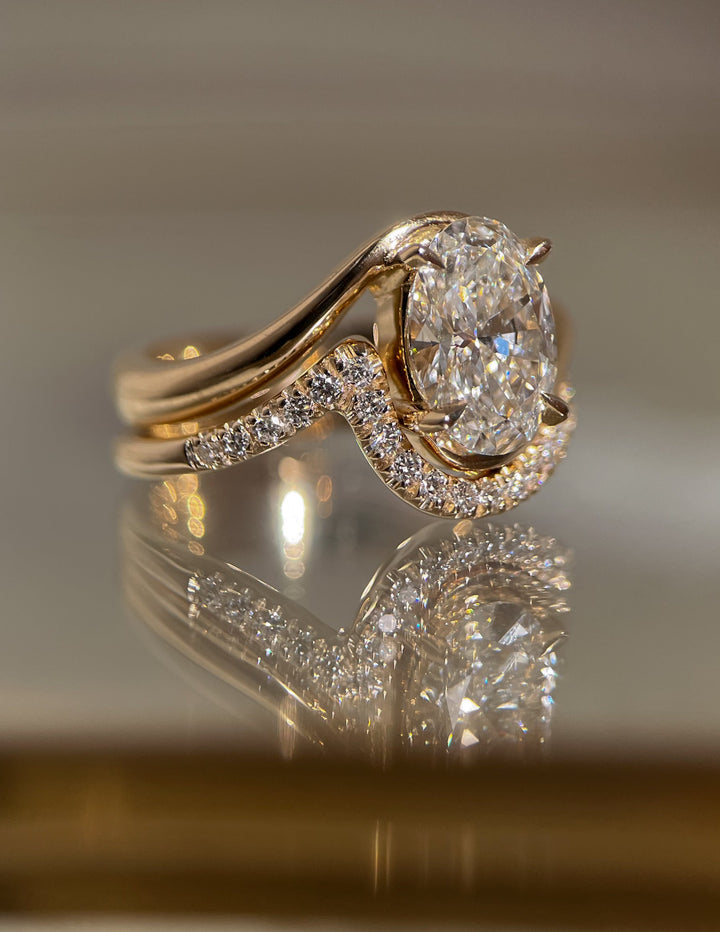1.50CT Oval Lab Grown Diamond Bridal Set Yellow Gold Bypass Pave Bands