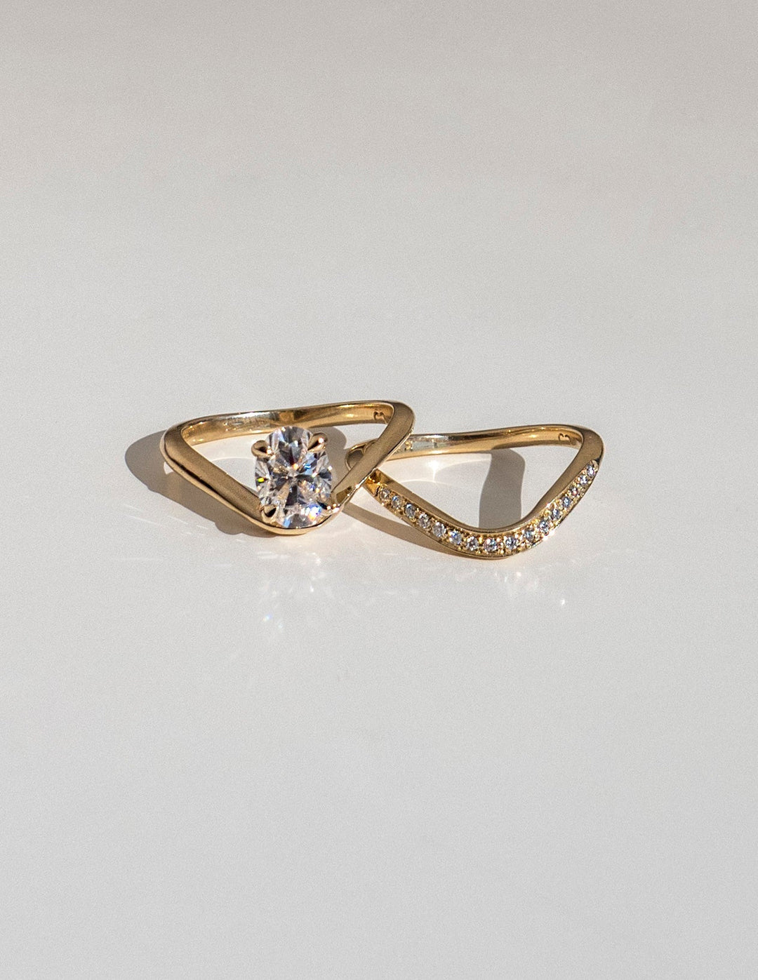 1.0CT Oval Solitaire Lab Grown Diamond Ring Yellow Gold Curved Wave Pave Band