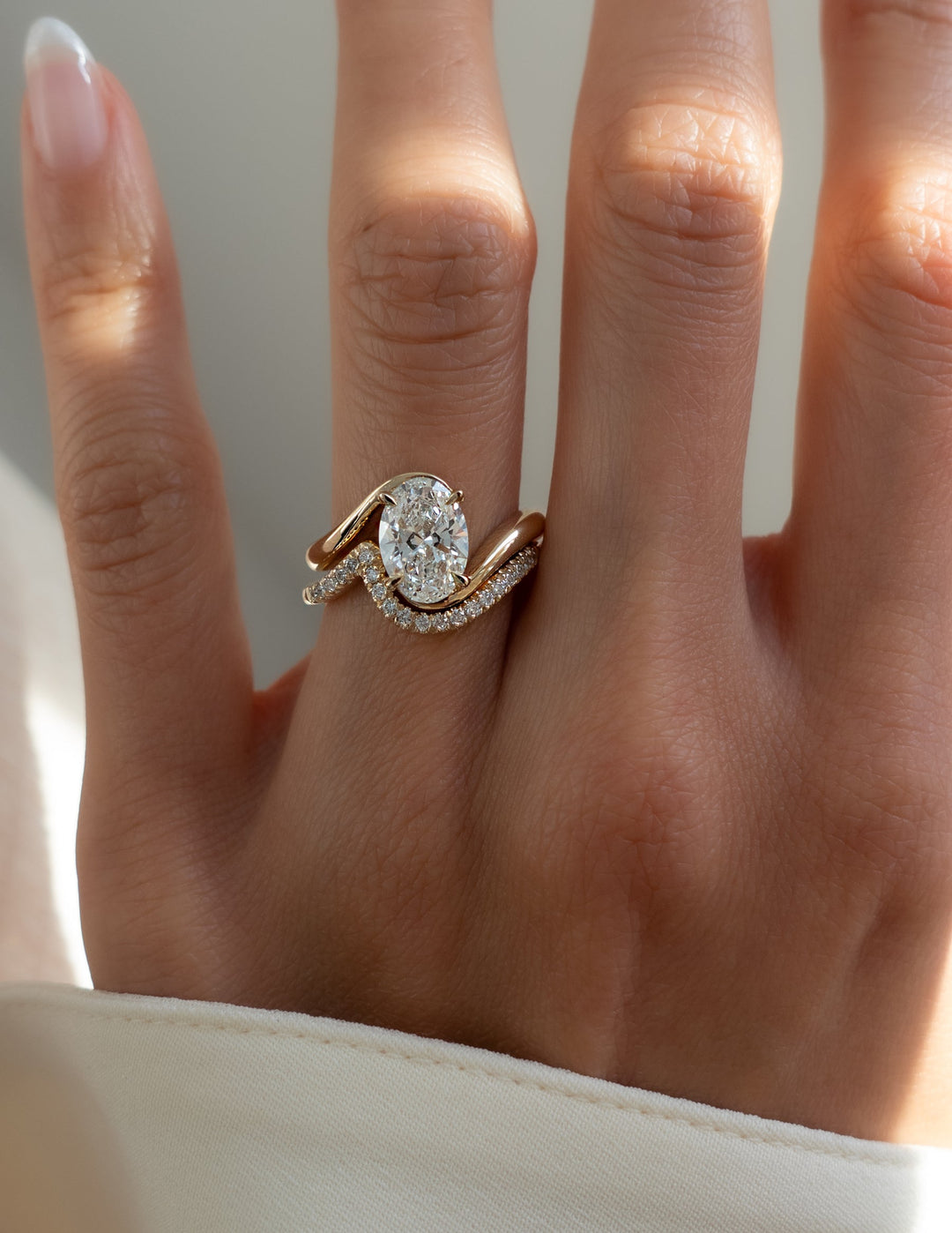 1.50CT Oval Lab Grown Diamond Bridal Set Yellow Gold Bypass Pave Bands