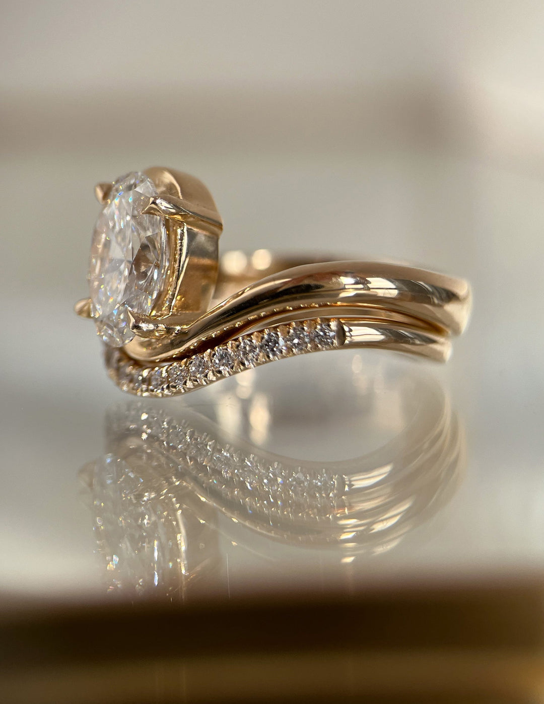 1.50CT Oval Lab Grown Diamond Bridal Set Yellow Gold Bypass Pave Bands