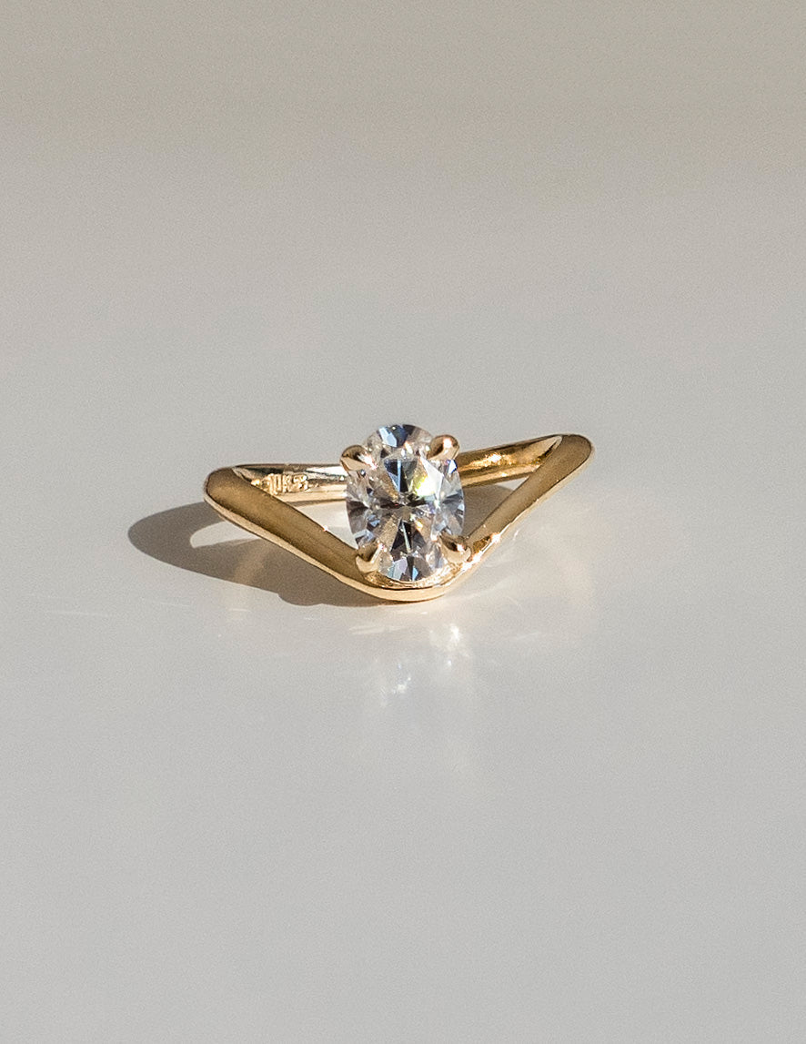 1.0CT Oval Solitaire Lab Grown Diamond Ring Yellow Gold Curved Wave Pave Band