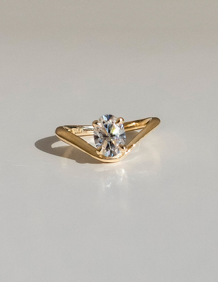 1.0CT Oval Solitaire Lab Grown Diamond Ring Yellow Gold Curved Wave Pave Band