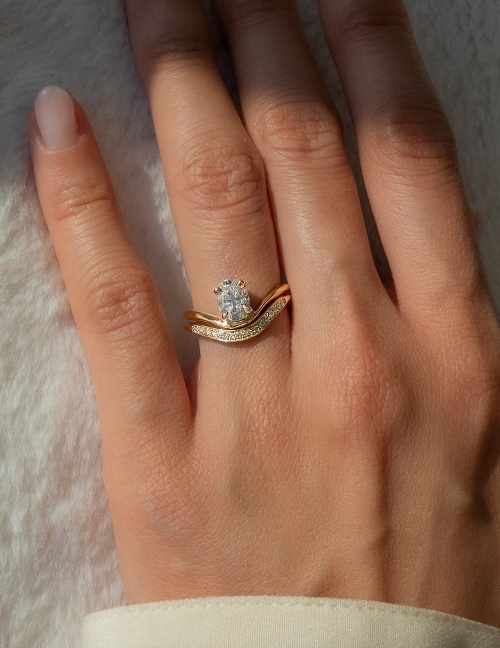 1.0CT Oval Solitaire Lab Grown Diamond Ring Yellow Gold Curved Wave Pave Band