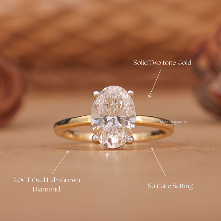 Oval solitaire lab grown diamond ring side profile in gold setting