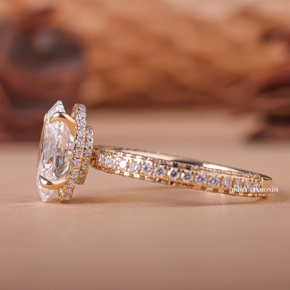 Top-down view of oval cut hidden halo engagement ring