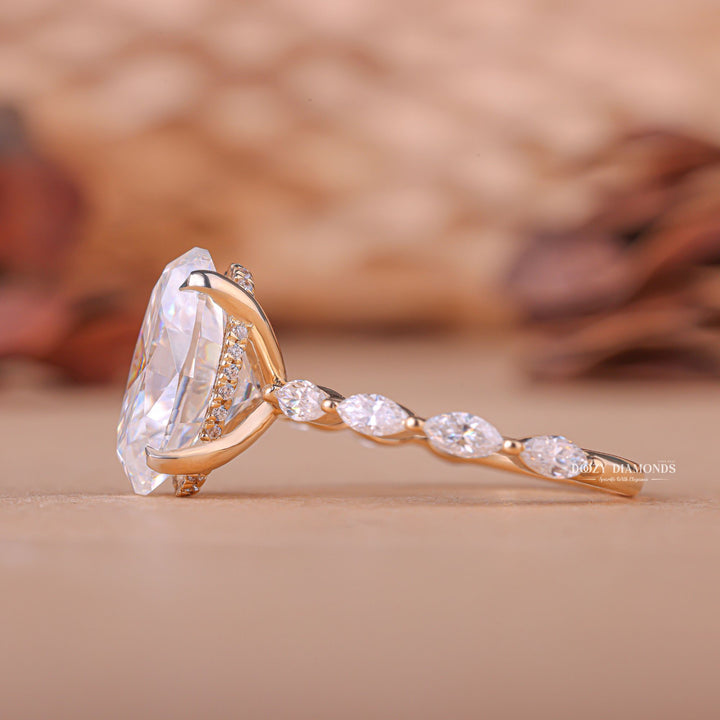 Oval pave lab grown diamond ring side profile in gold setting