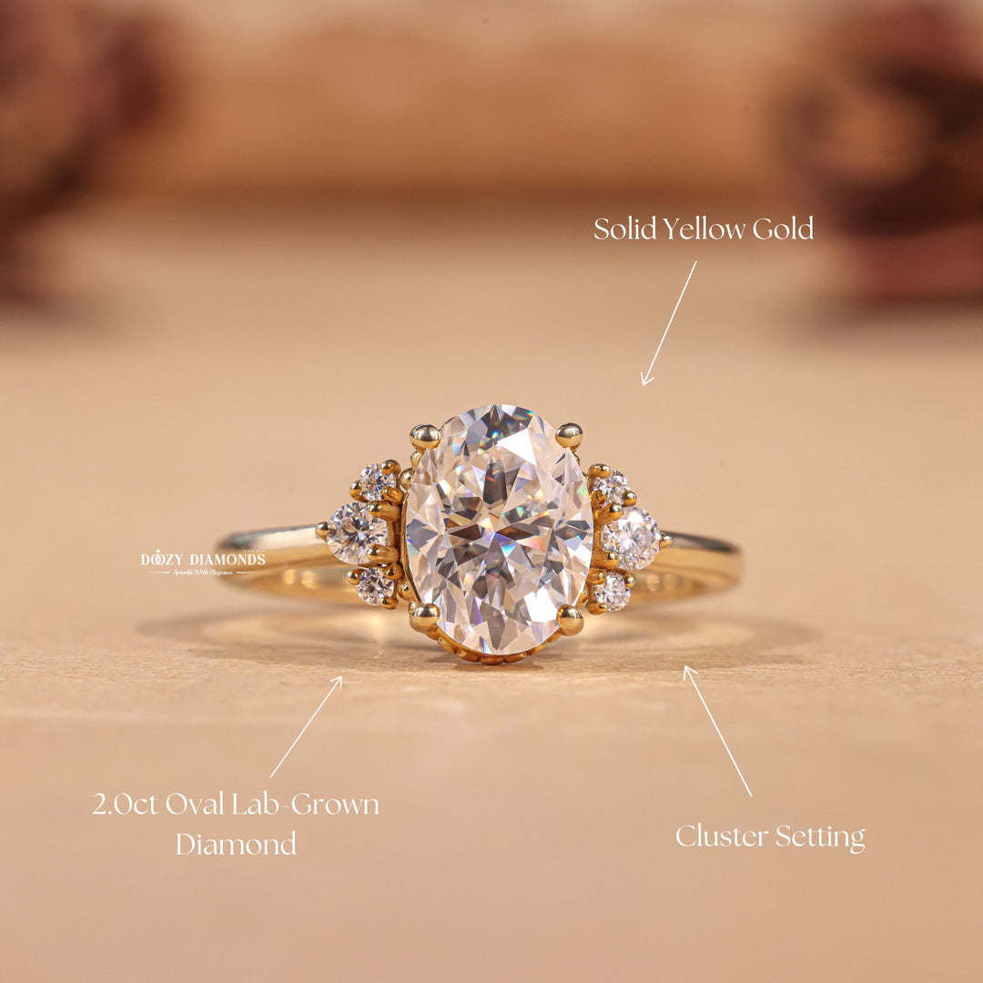 Oval cut cluster engagement ring shown in real-life wear