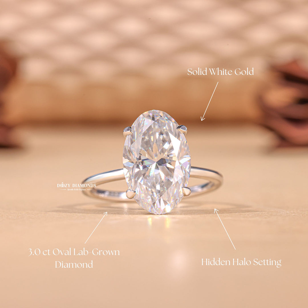 Oval cut engagement ring side view showing band detail