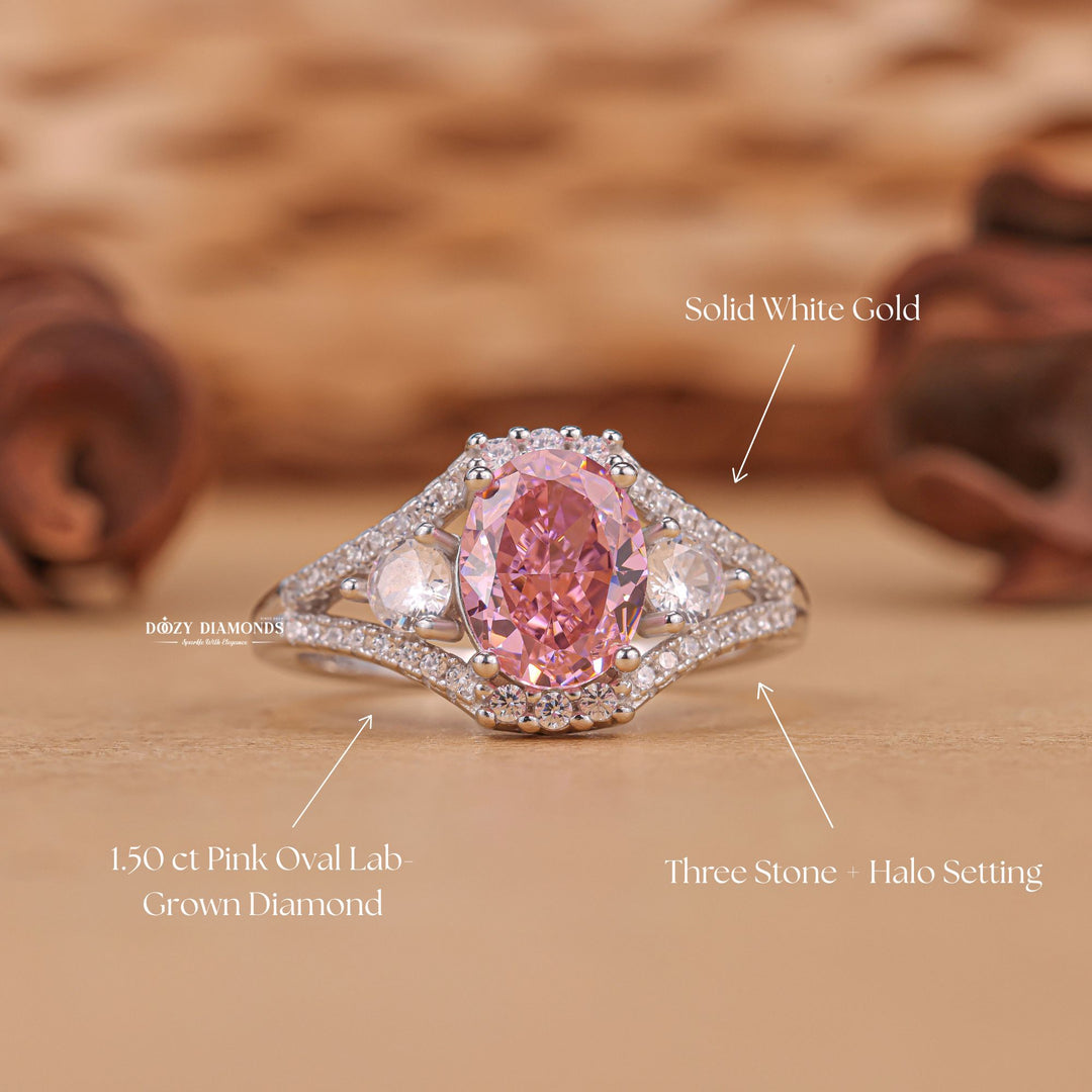 Oval three stone engagement ring with IGI certificate and packaging