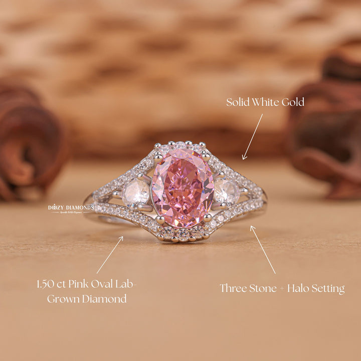 Oval three stone engagement ring with IGI certificate and packaging