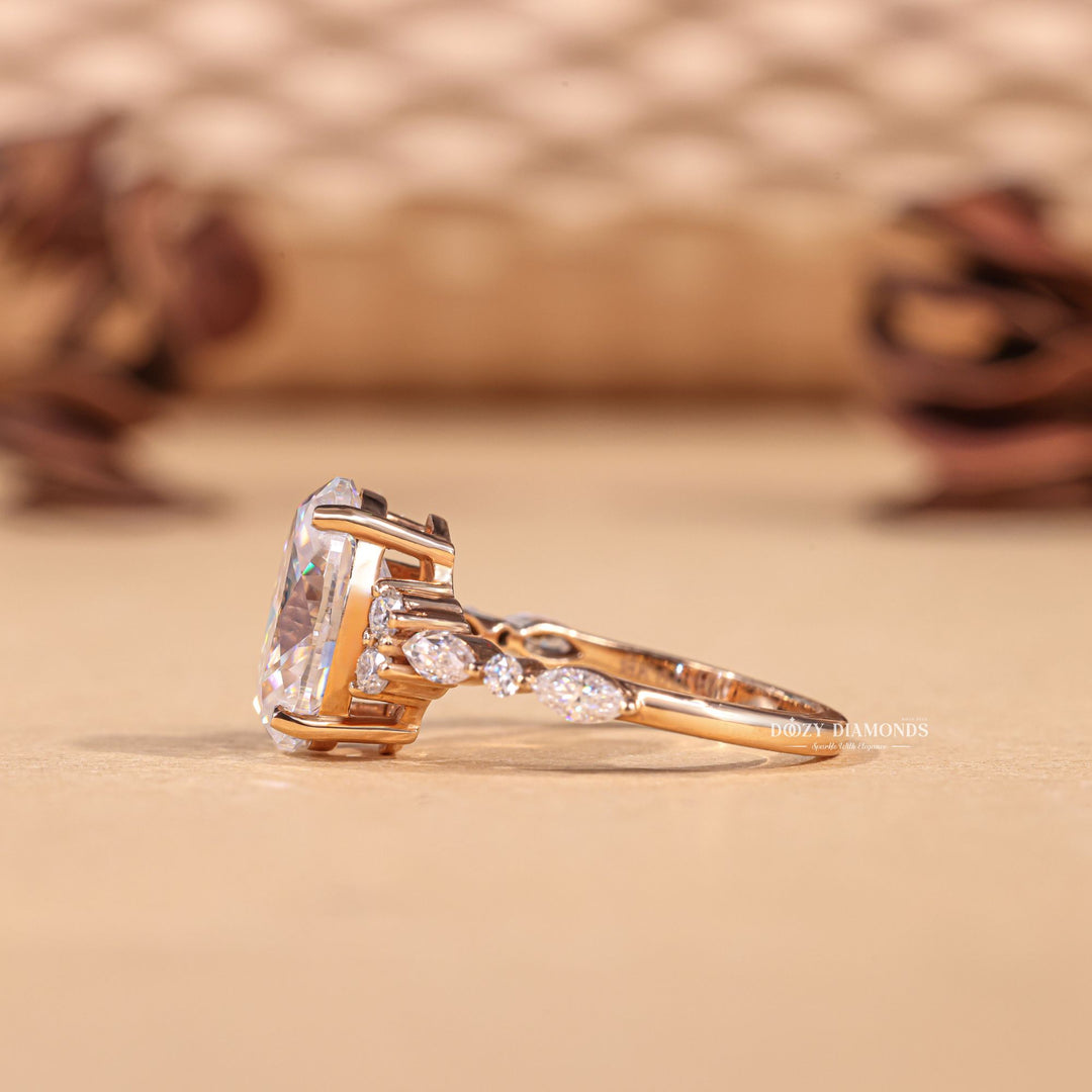 Macro shot of oval cut diamond facets in cluster ring setting
