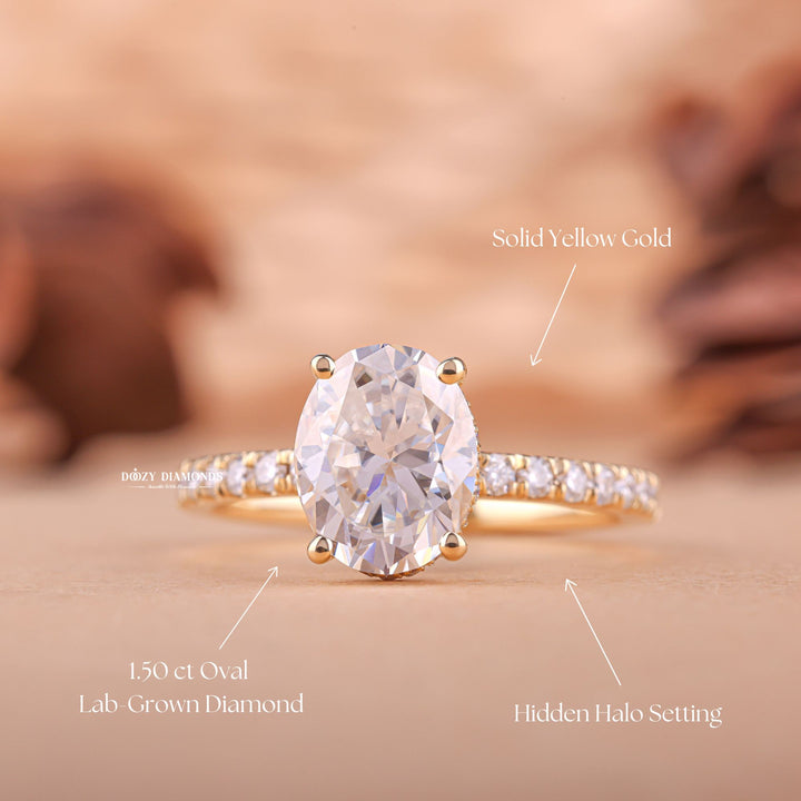 Fine craftsmanship detail on oval hidden halo engagement ring