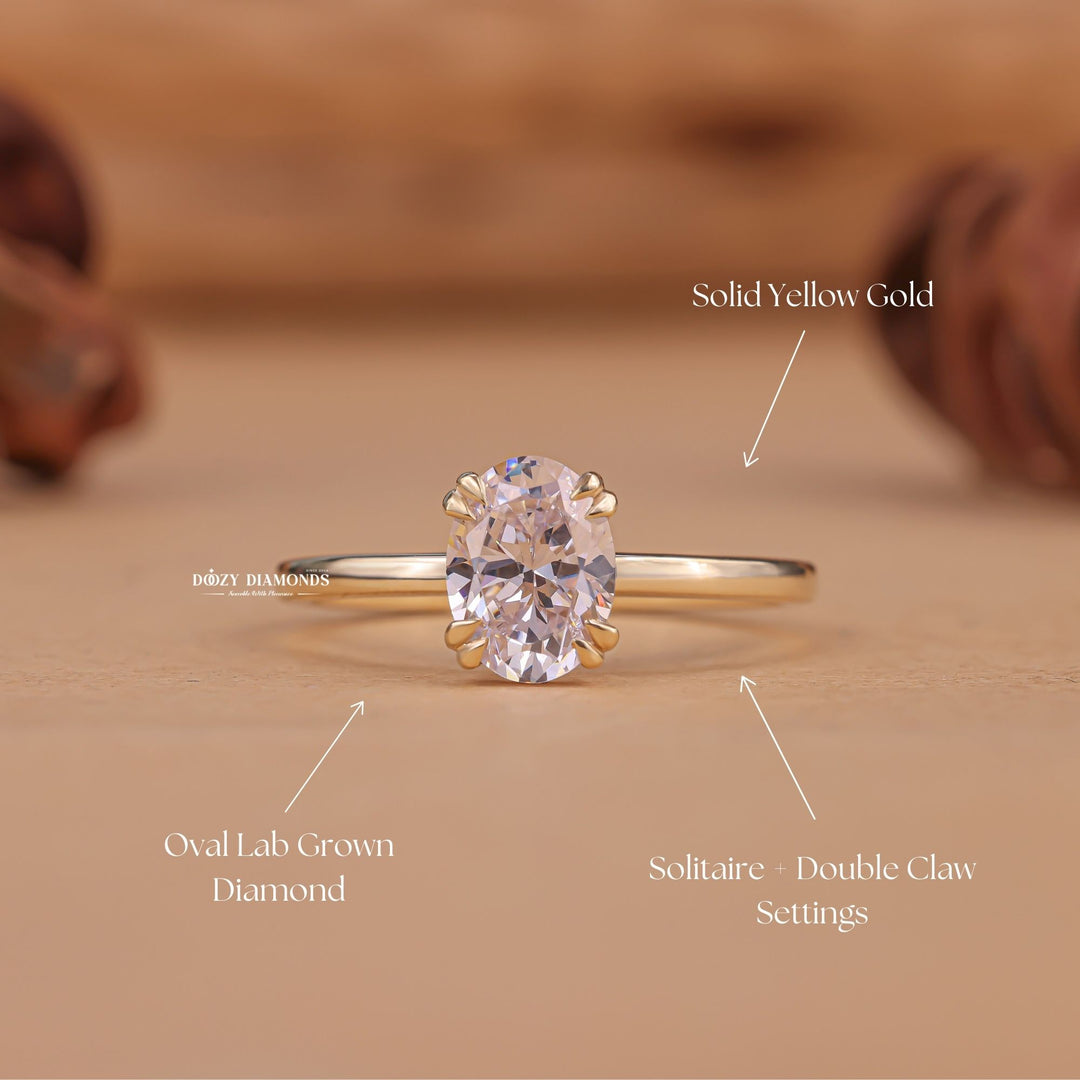 Detailed close-up of oval solitaire diamond engagement ring