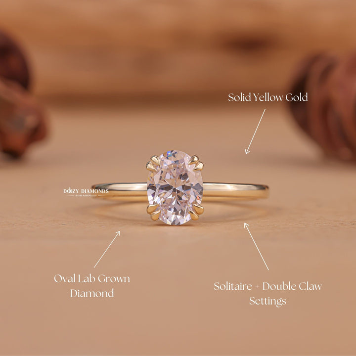 Detailed close-up of oval solitaire diamond engagement ring