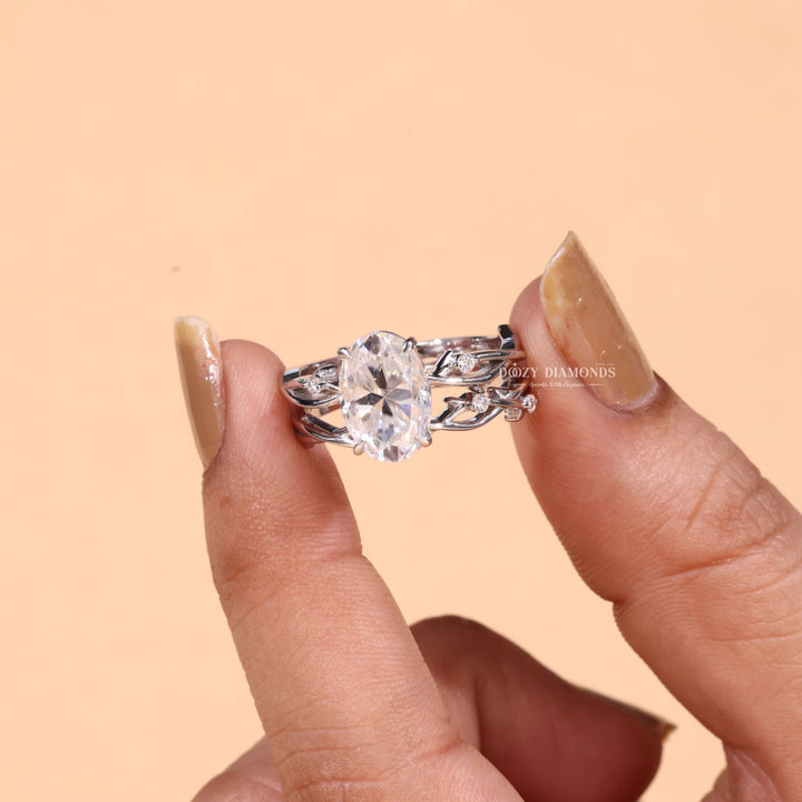 2.50CT Oval Cut EF - VS2 Lab Grown Twig Engagement Ring with Stacking Wedding Band - Doozy Diamonds