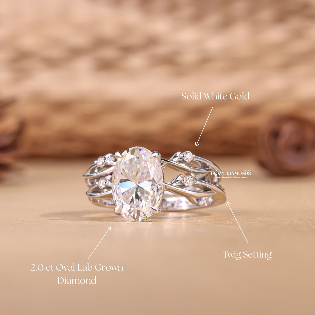 2.50CT Oval Lab Grown Twig Engagement Ring with Stacking Wedding Band