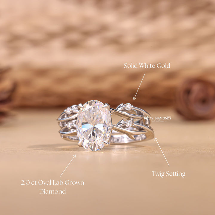 2.50CT Oval Lab Grown Twig Engagement Ring with Stacking Wedding Band