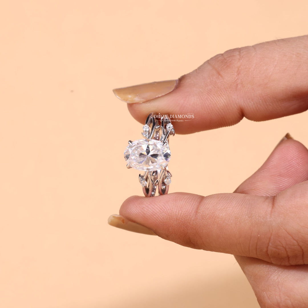 2.50CT Oval Cut EF - VS2 Lab Grown Twig Engagement Ring with Stacking Wedding Band - Doozy Diamonds