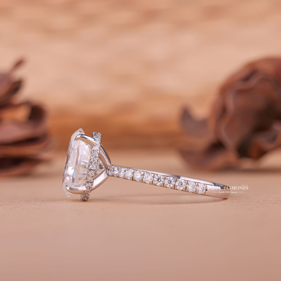 Handcrafted oval cut hidden halo lab grown diamond engagement ring