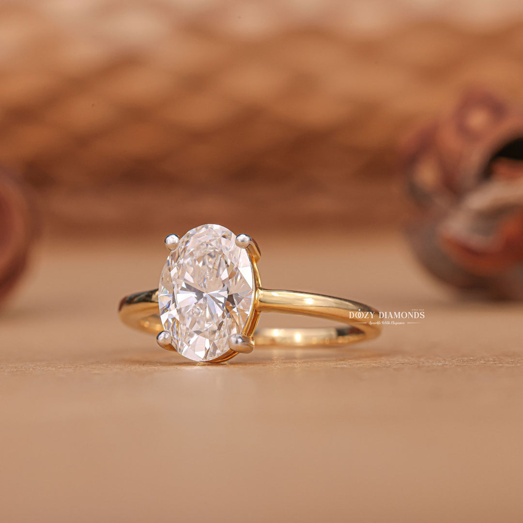 Macro shot of oval cut diamond facets in solitaire ring setting