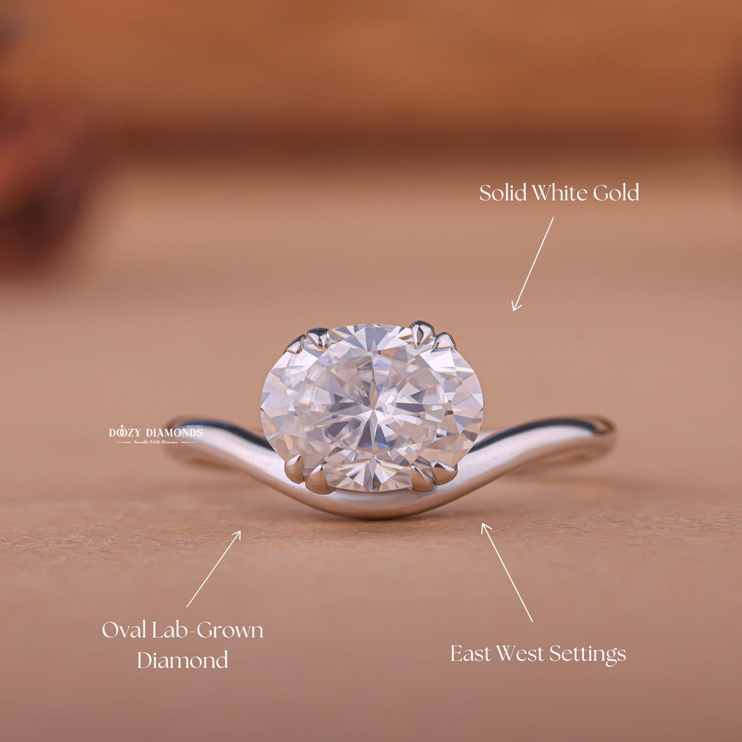 Oval east west engagement ring shown on hand for true-to-life sizing