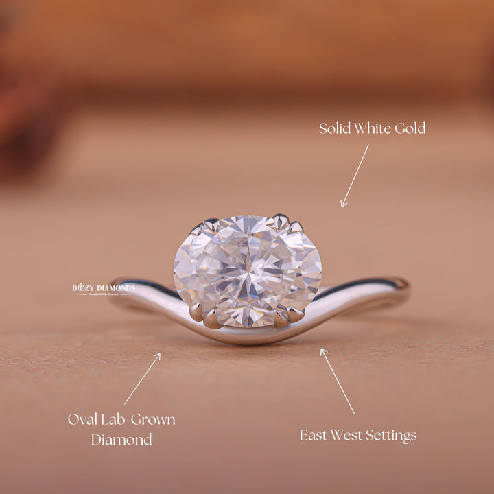 Oval east west engagement ring shown on hand for true-to-life sizing