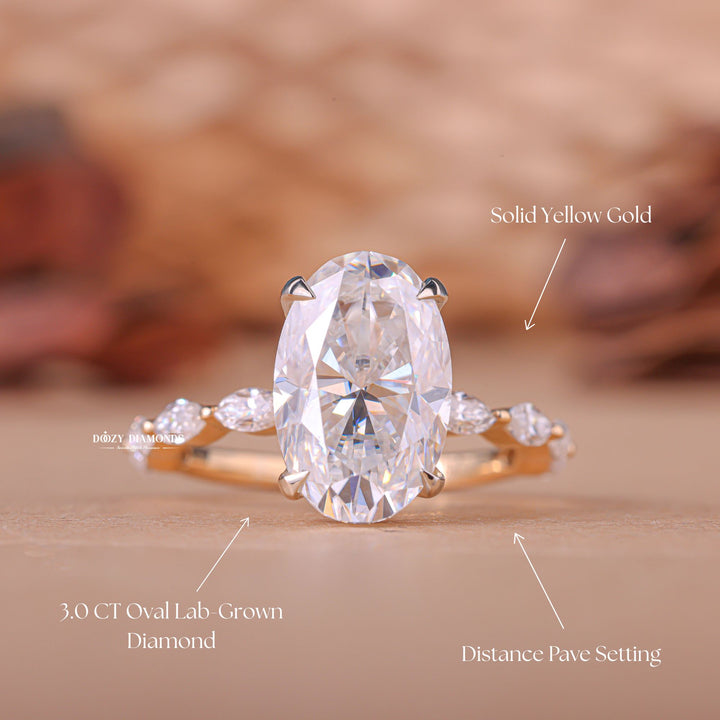 Side angle of oval pave diamond engagement ring