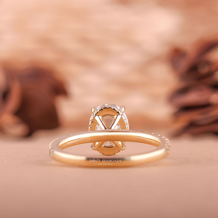 Handcrafted oval cut hidden halo lab grown diamond engagement ring