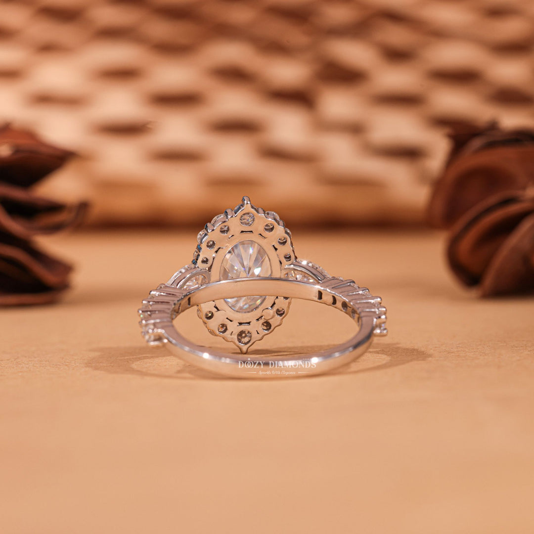 Oval cluster engagement ring with IGI certificate and packaging