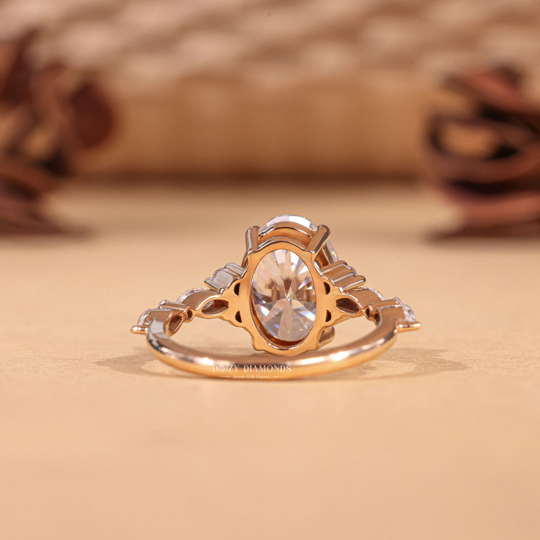 Oval cluster engagement ring close-up highlighting diamond sparkle