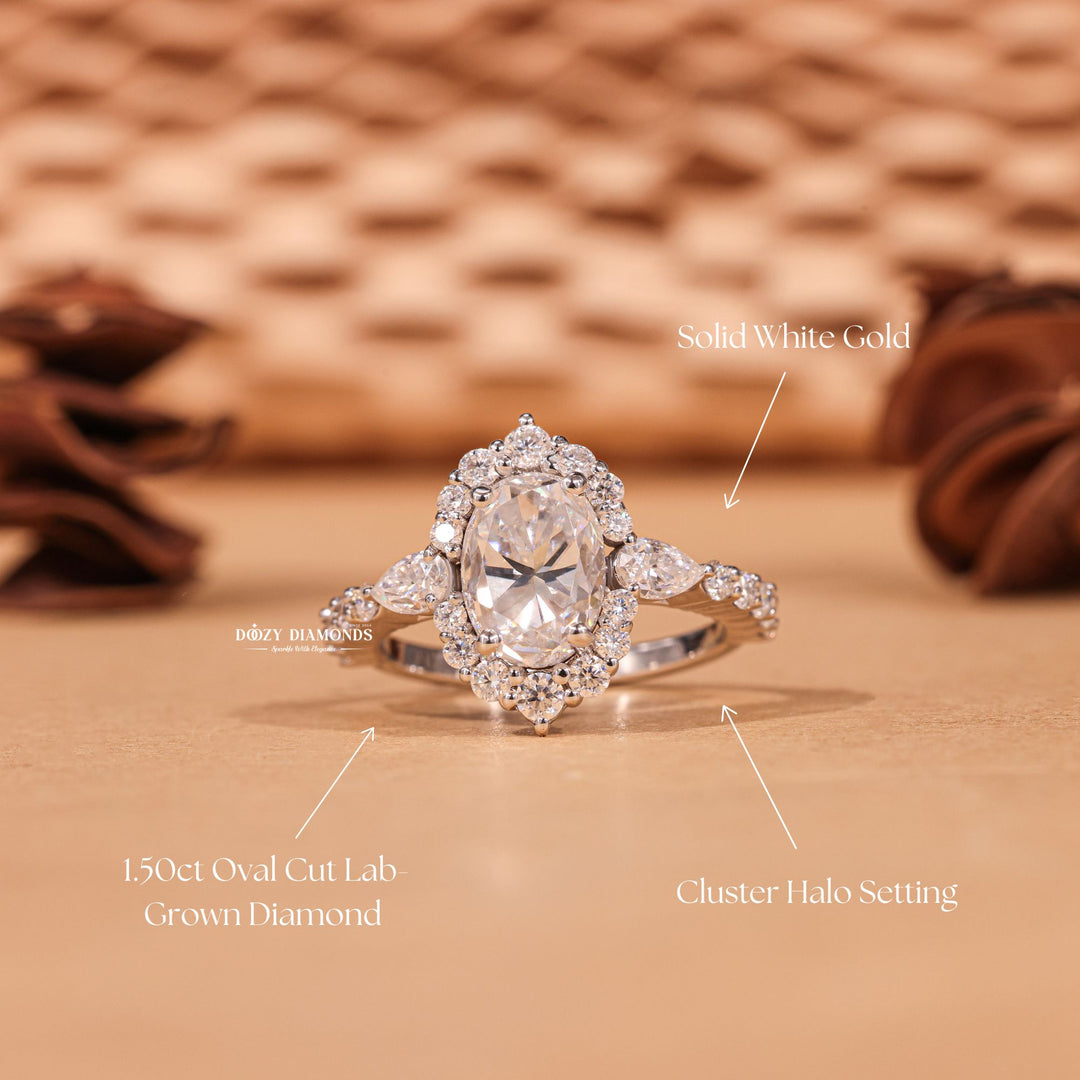 Unboxing view of oval cut cluster diamond engagement ring
