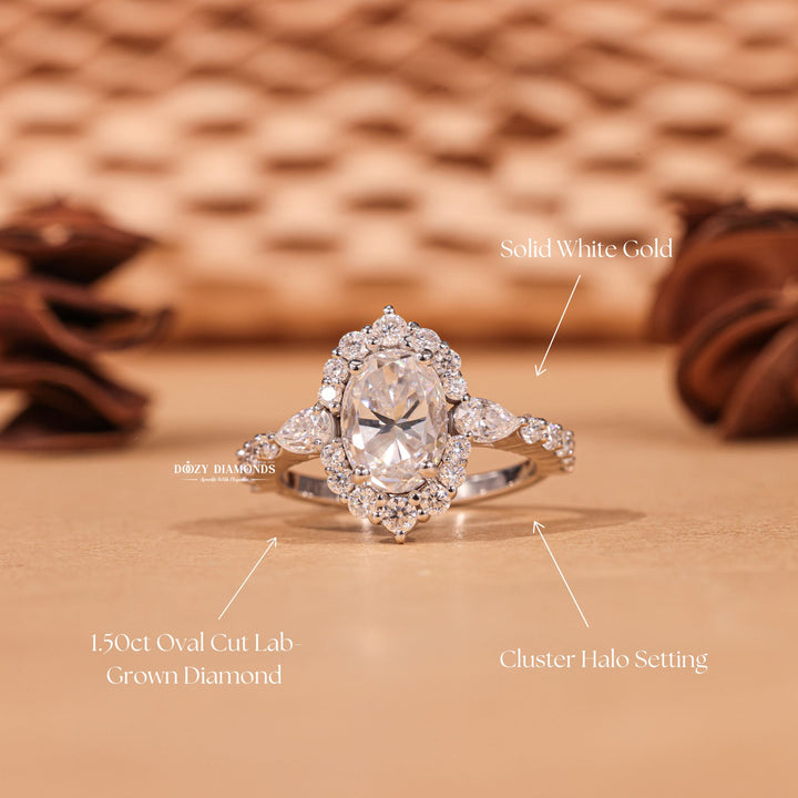 Unboxing view of oval cut cluster diamond engagement ring